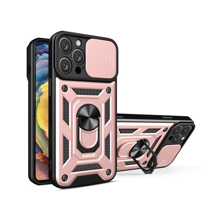 Husa de Protectie, Pentru Apple iPhone 16 Pro, cu Suport Inelar si Capac Pentru Camera, Rezistenta La Socuri si Caderi, Aur roz