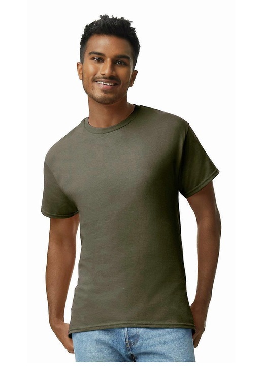 Férfi póló, Gildan, pamut, bordázott nyakkivágás, olívazöld