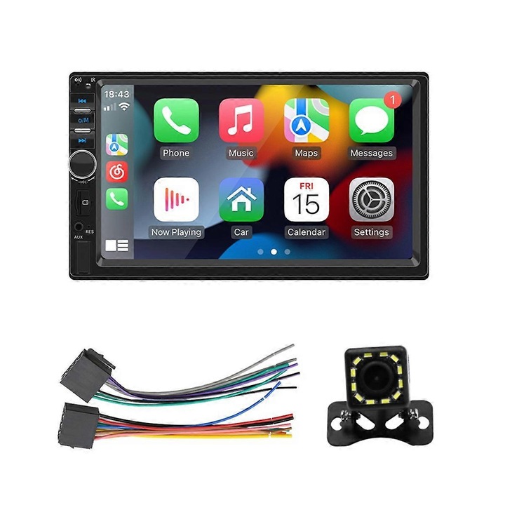 Radio auto 7 inch, Carplay si Android Auto, asistenta la mersul cu spatele, culoare neagra