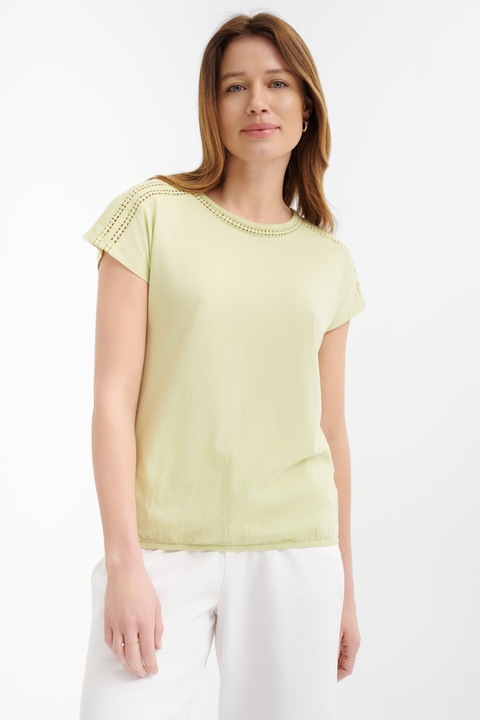 GreenPoint, Tricou din bumbac si modal cu perforatii, Galben pal