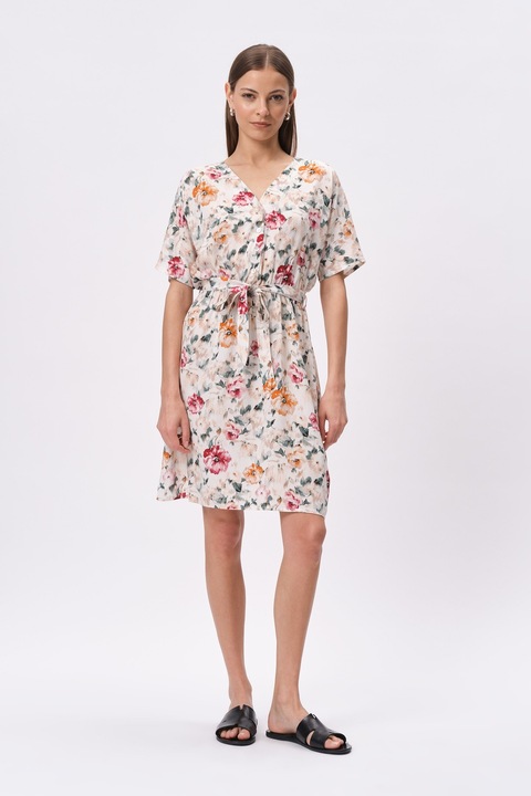 GreenPoint, Rochie cu decolteu in V si model floral, Rosu/Piersica