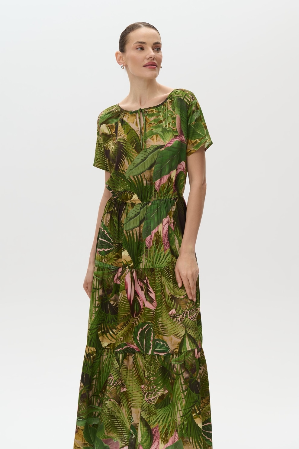 GreenPoint, Rochie maxi cu model tropical, Verde, 36