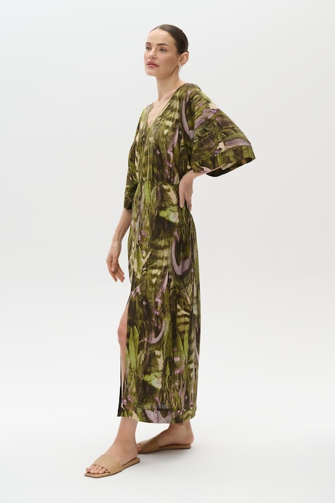 GreenPoint, Rochie din amestec de in cu imprimeu floral, Verde masliniu/Roz
