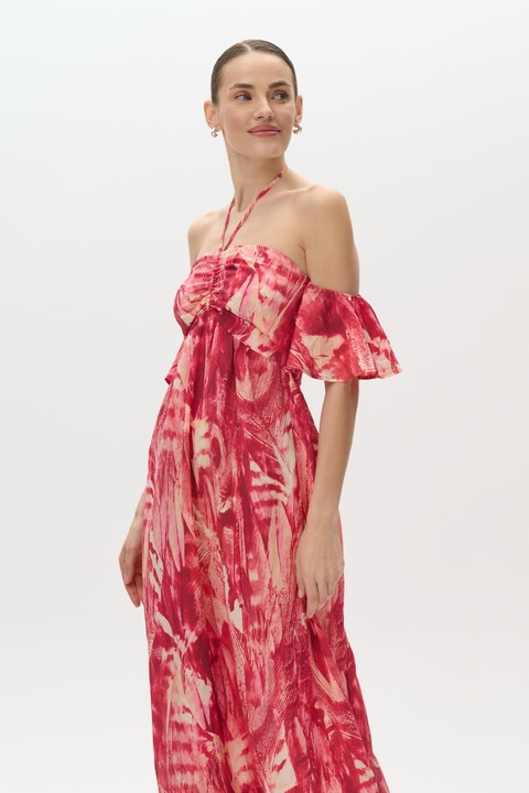 GreenPoint, Rochie maxi cu decolteu pe umeri, Rosu/Bej