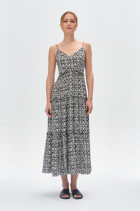 GreenPoint, Rochie lunga cu decolteu in V, Alb/Negru