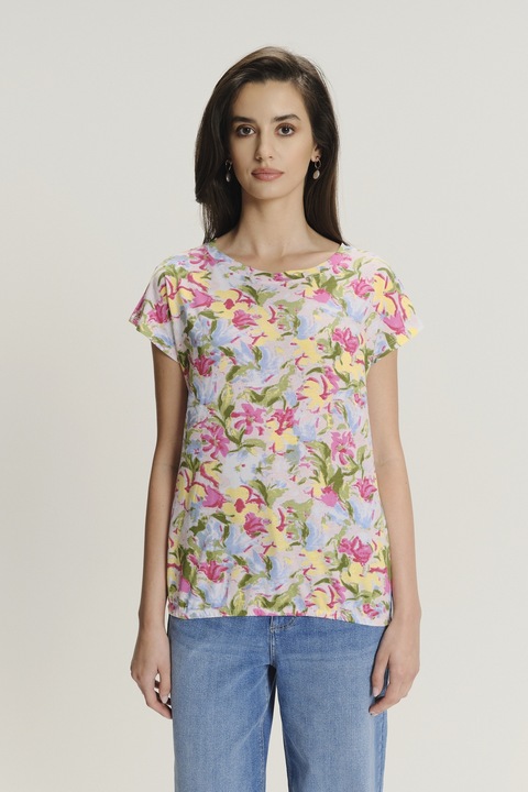GreenPoint, Tricou cu model floral si decolteu rotund, Verde/Galben/Roz prafuit