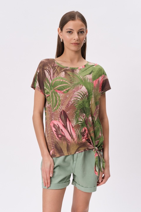 GreenPoint, Tricou cu model si detaliu innodat, Verde/Roz