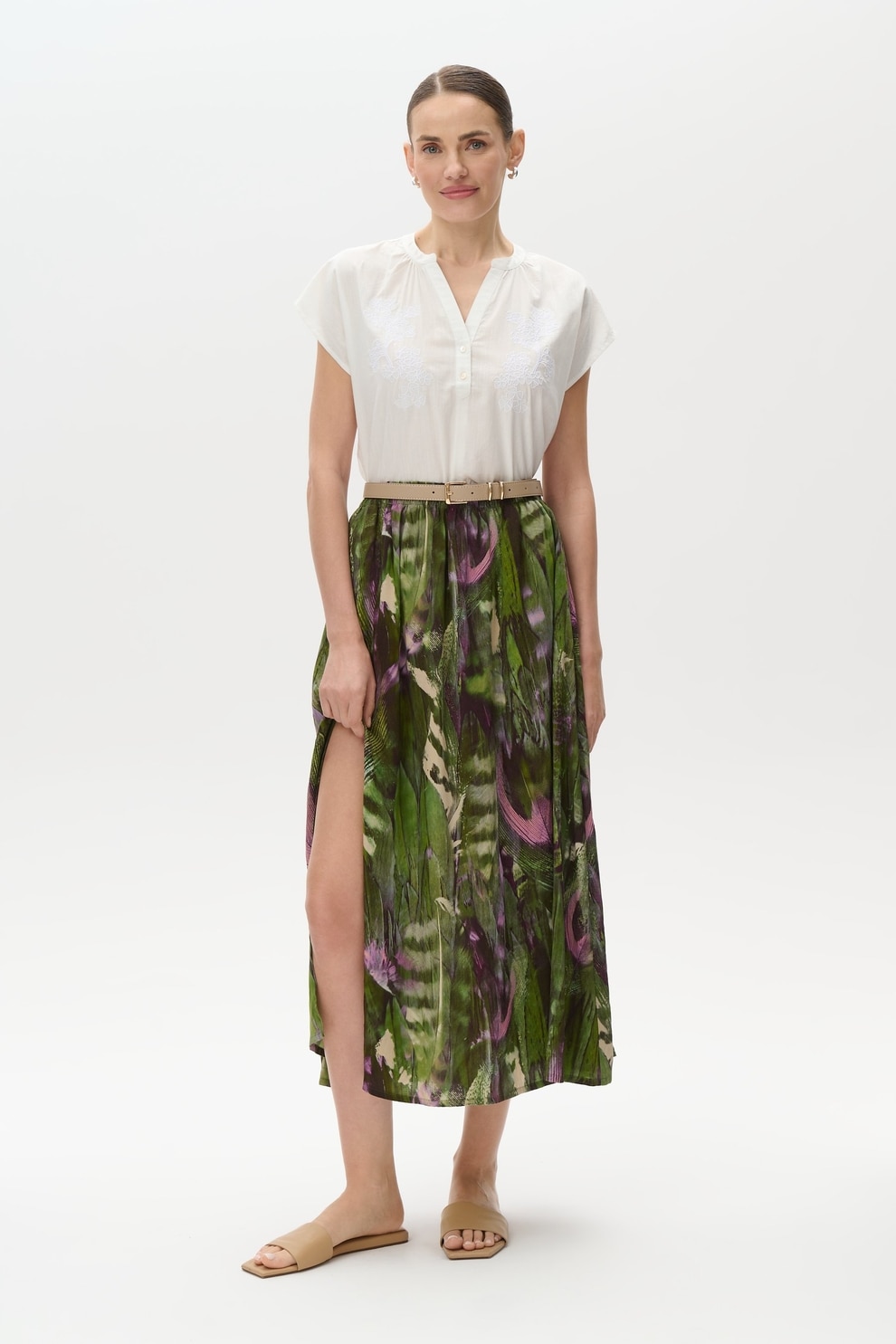 GreenPoint, Fusta midi cu slit frontal, Crem, 42