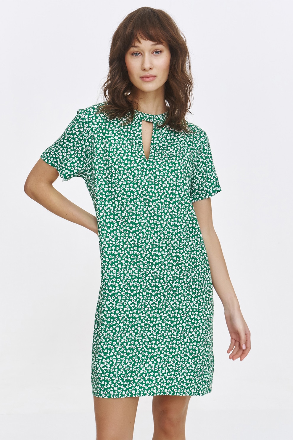 Top Secret, Rochie scurta cu model floral, Alb, Verde, 36