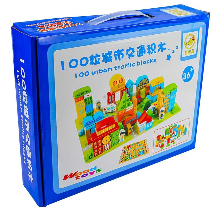 Cuburi construcție din lemn, Orasul Meu, set 100 piese, culori vii, 55x42cm