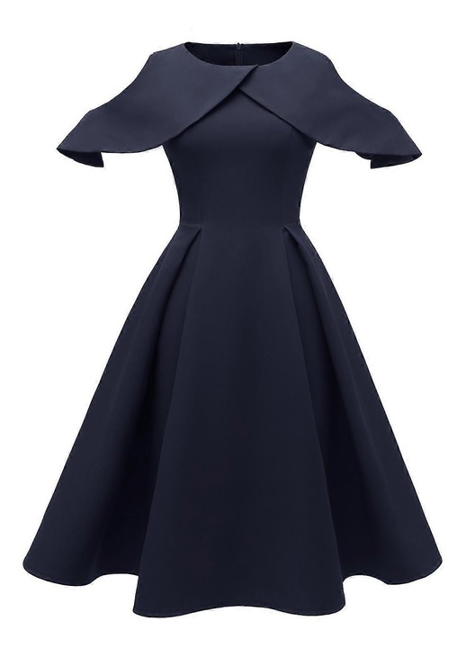 Rochie midi A-line, Bright Deer, bleumarin, maneci cu volane, material elastic, stil vintage, L INTL