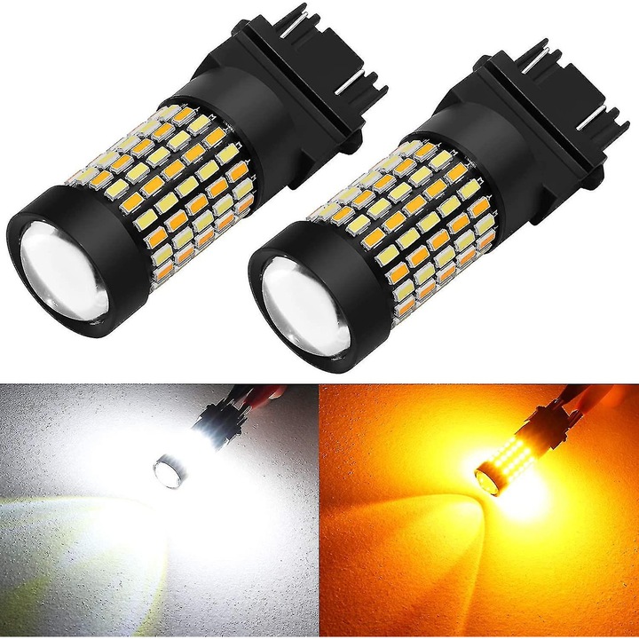 Set de 2 becuri LED 3157 pentru semnalizare si lumina de parcare, alb si galben, 10V-30V
