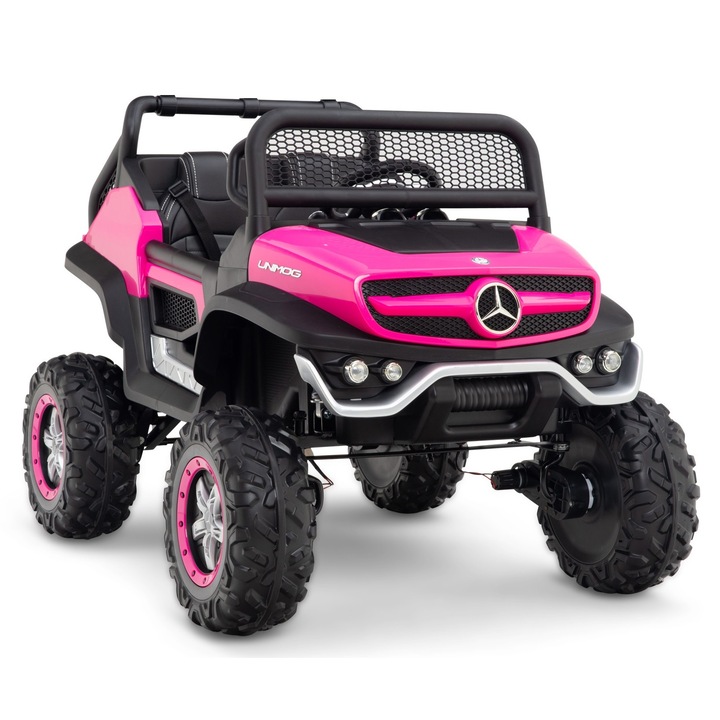 Masinuta electrica Mercedes UNIMOG 4x 35W cu roti moi si scaun tapitat, culoare roz, Kinderauto