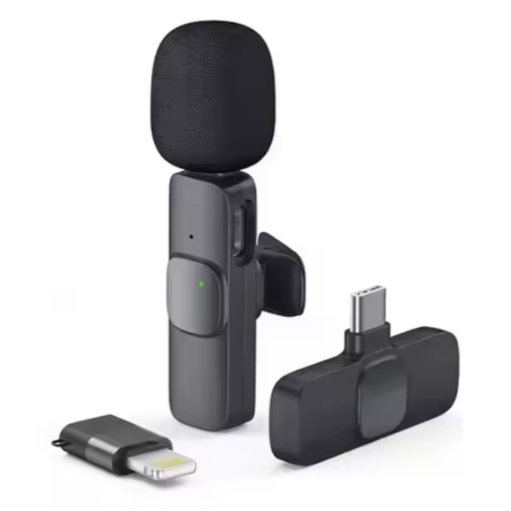 Безжичен микрофон, Qyzer®, съвместим с iPhone, Android, двоен USB-C и Lightning приемник, Plug & Play технология, всепосочен микрофон, намаляване на шума, идеален за влогове, интервюта, конференции, стрийминг, черен