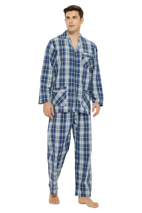 Set Pijama Barbati Global, Clasica Panza, Bumbac, Maneca lunga, Pantalon lung, Carouri Albastru Mat