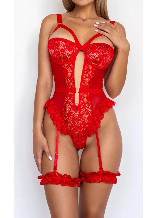 Szexi erotikus fehérnemű, csipkés body, harisnyakötővel és push-up melltartóval fém támasztékkal, brazil bugyival, fodrokkal és mély nyakkivágással, Piros