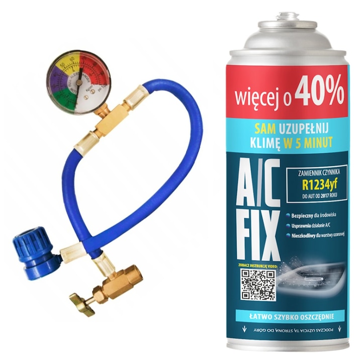 Set complet A/C FIX – agent frigorific R1234yf + furtun cu manometru, 235g, sistem modern cu supapa de retinere