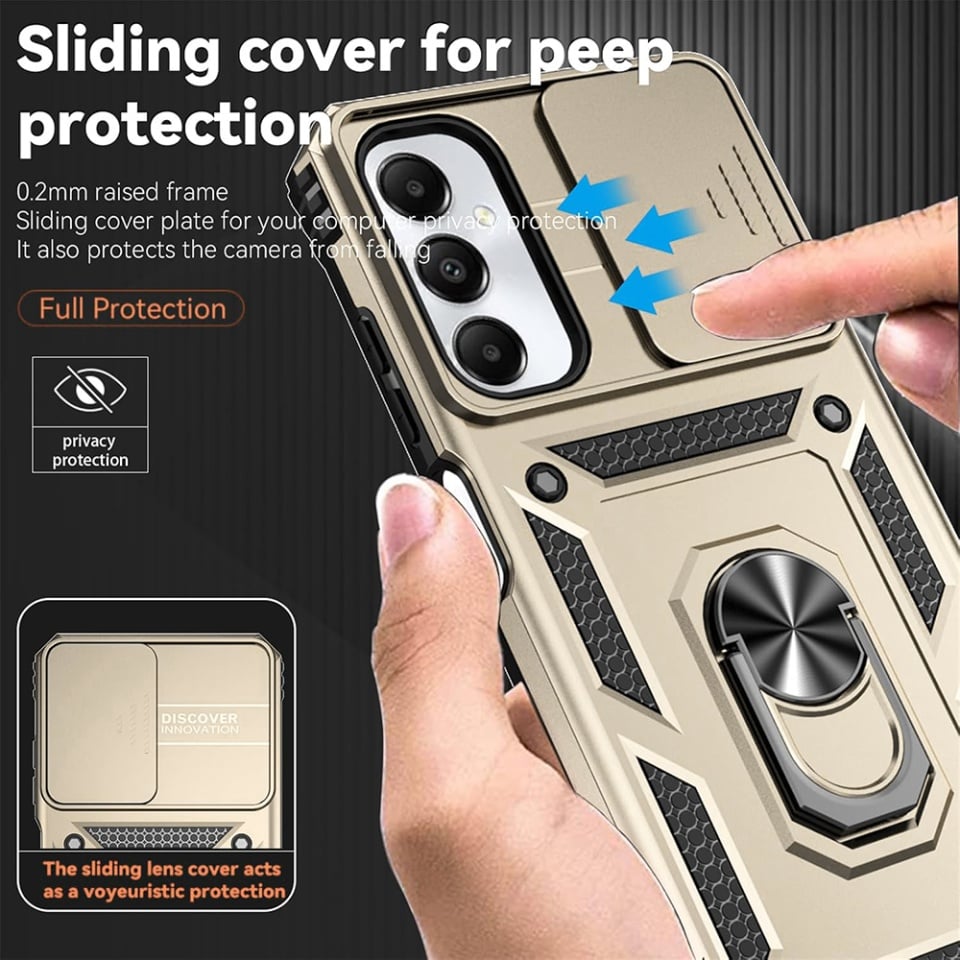 Husa pentru Samsung Galaxy S21 FE 5G, SKYDDAR INNOVATION, CamShield, Inel magnetic, set cu sticker, Auriu