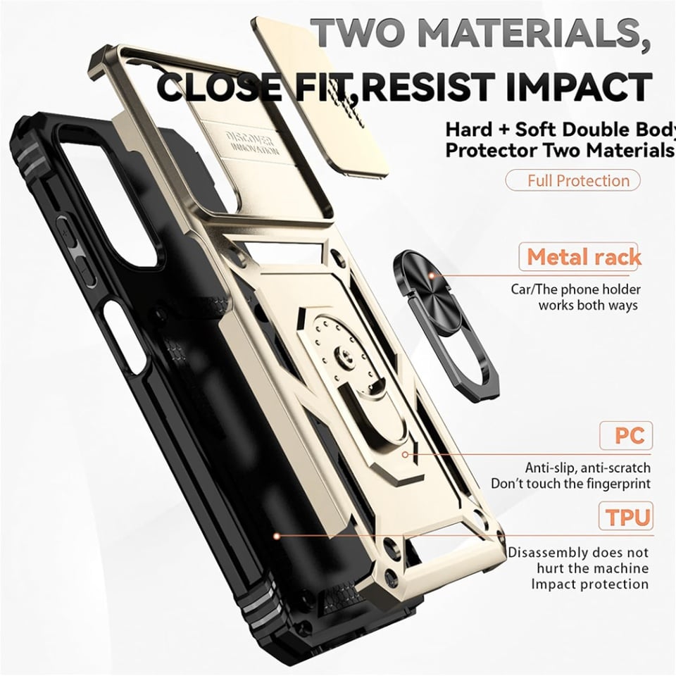 Husa pentru Samsung Galaxy S21 FE 5G, SKYDDAR INNOVATION, CamShield, Inel magnetic, set cu sticker, Auriu