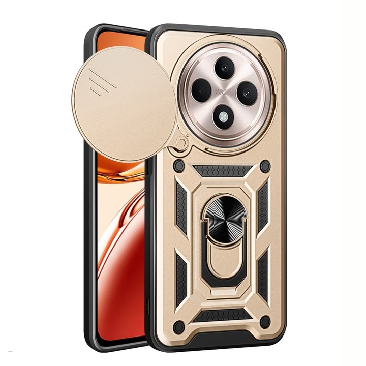 Husa pentru Oppo Reno12 F 5G / Reno12 FS 5G / Reno12 F 4G / Reno12 FS 4G, SKYDDAR INNOVATION, CamShield, Inel magnetic, set cu sticker, Auriu