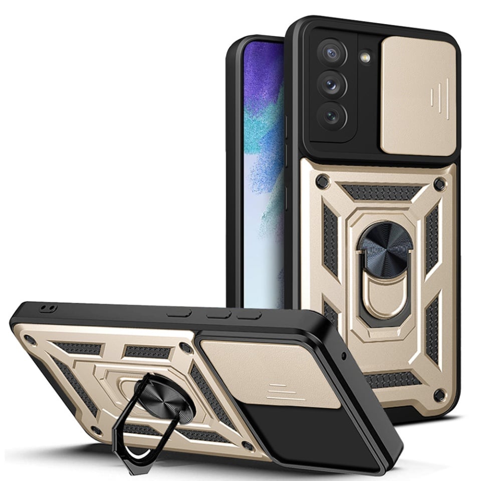Husa pentru Samsung Galaxy S21 FE 5G, SKYDDAR INNOVATION, CamShield, Inel magnetic, set cu sticker, Auriu