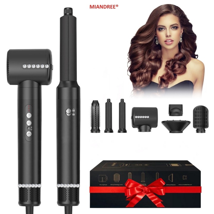 Комплект сешоар MIANDREE® 7 в 1, 1400 W, автоматична абсорбираща маша, дифузер, четка за изправяне, 3 скорости, 3 температурни настройки, 200 милиона отрицателни йона за блестяща коса, 2 къдрици, изглаждаща дюза, черен