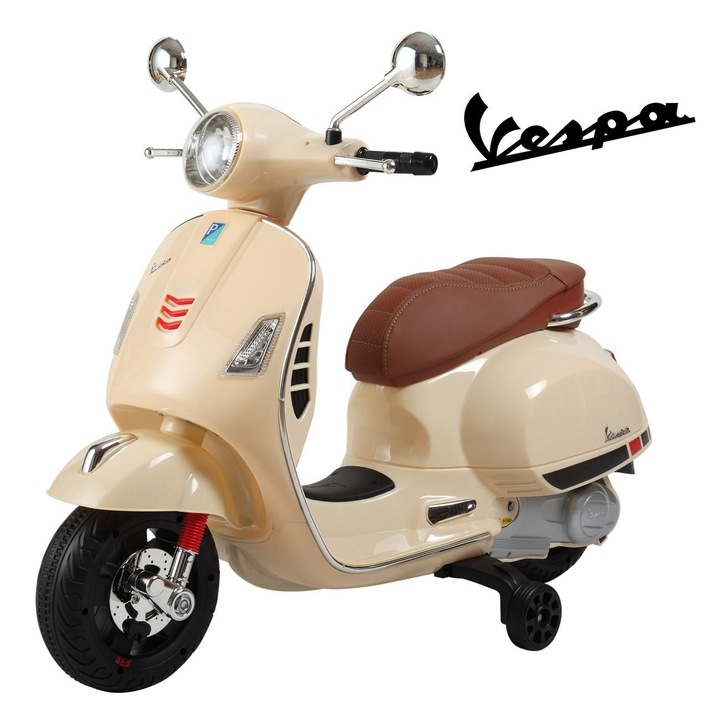 Електрически детски мотоциклет VESPA 6V със звук, бежов и кафяв цвят, идеален за деца, елегантен и модерен дизайн