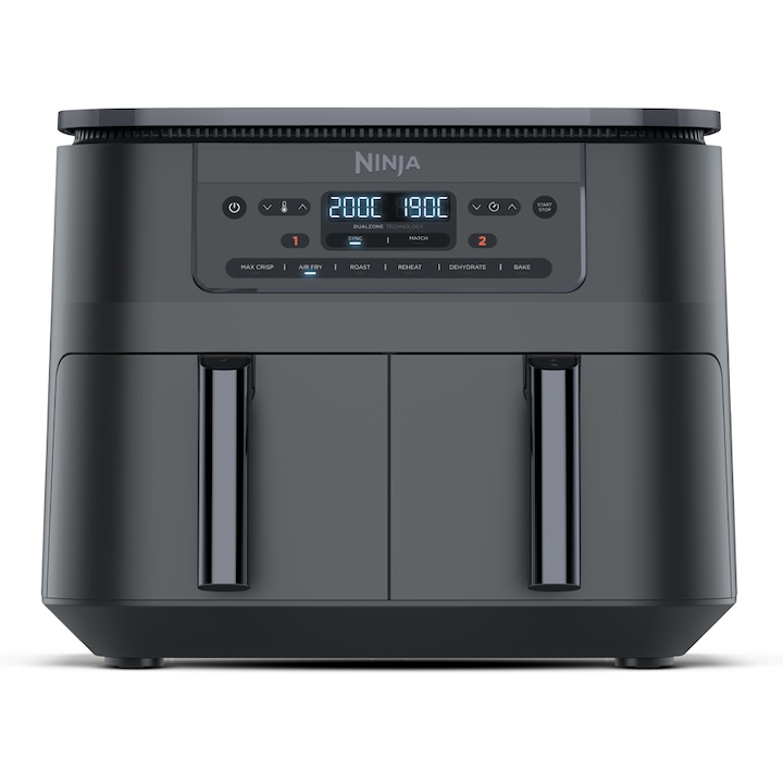 Най-Добрия Фритюрник с Горещ Въздух с Две Кошници (Двузонов) Фритюрник с горещ въздух Ninja Airfryer Foodi Pro DualZone DZ300, 2400W, 7.6л, 6 функции за готвене, 2 кошници по 3.8л, Функция Max Crisp, Максимална температура 240 градуса, Керамично покритие, Сив