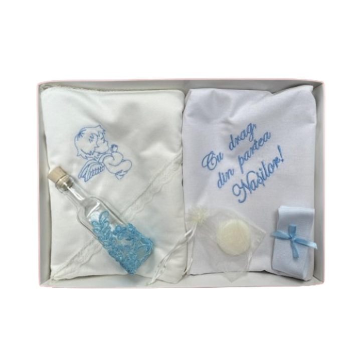 Trusou alb-bleu, pentru botez, "Cu drag din partea nasilor", 6 piese, cu dantela