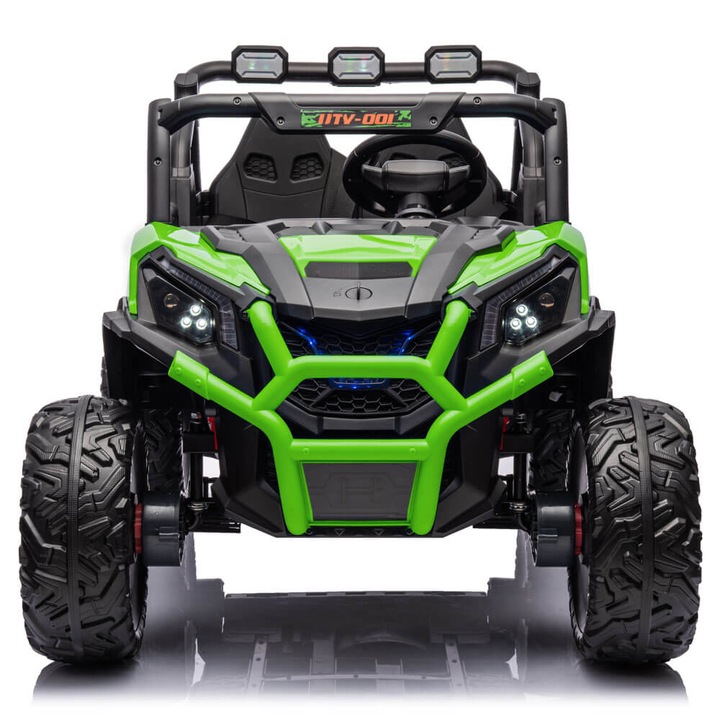 Buggy XXL UTV electric copii 4 x 4 BBH-027 cu Doua locuri, Verde, tractiune 4x4, scaun piele ECO, Roti cauciuc EVA suspensii