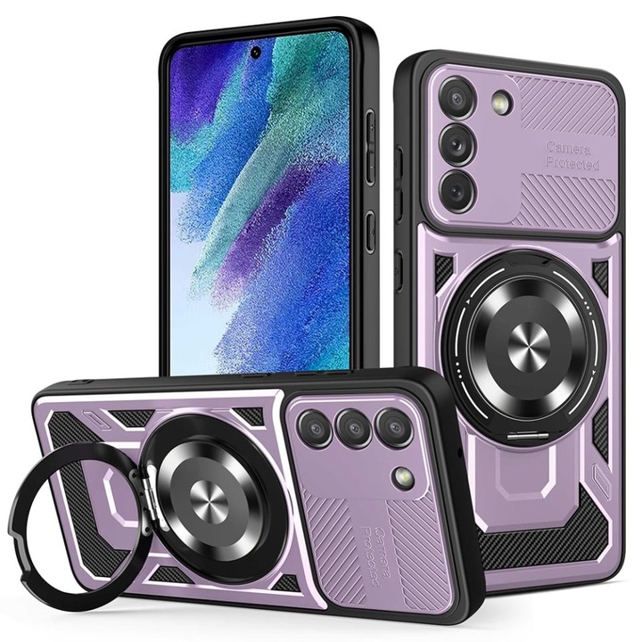 Husa pentru Samsung Galaxy S21 FE 5G, SKYDDAR INNOVATION, RuggedCam, Inel magnetic, set cu sticker, Mov