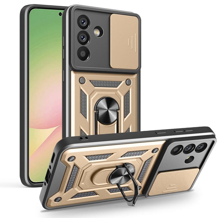 Husa pentru Samsung Galaxy A56 5G, antisoc, inel magnetic, protectie camera, set cu sticker, camshield, Auriu