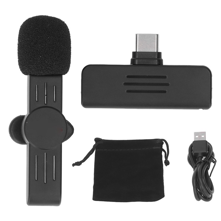 Jormftte vezeték nélküli csíptetős mikrofon, C típus, 80 m átviteli távolság, 3-4 óra üzemidő, fekete