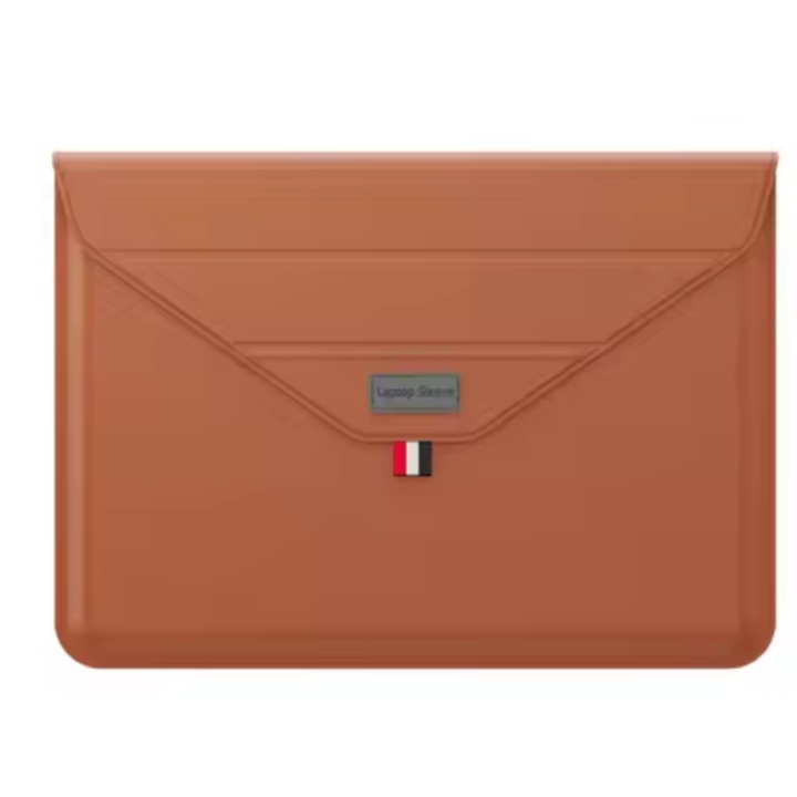 Husa Ultra-Subtire pentru Laptop, 13/14 inch, Piele Ecologica, Stand Integrat, Maro, 35.5x25.2cm