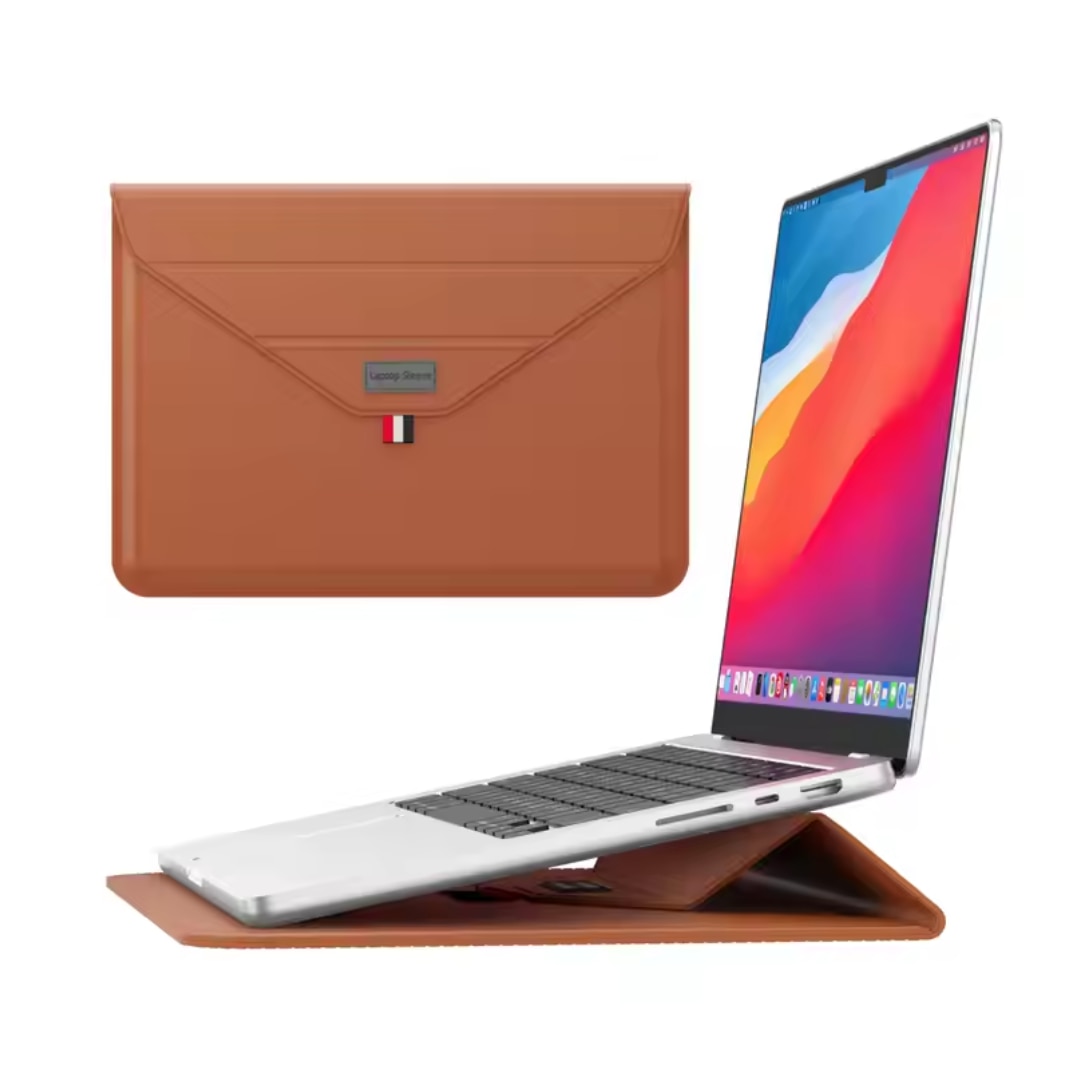 Husa Ultra-Subtire pentru Laptop 15/16 inch din Piele ecologica, cu Stand Laptop, Maro