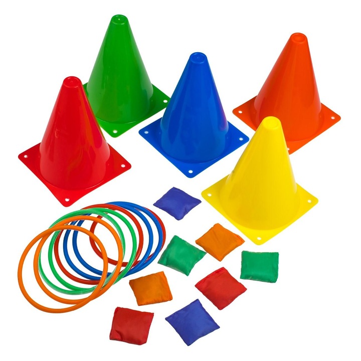 Set Joaca Antrenament Conuri Inele & Saci din Plastic, Ideal pentru Activitati Exterioare, Sporturi, Distractie si Dezvoltare Fizica