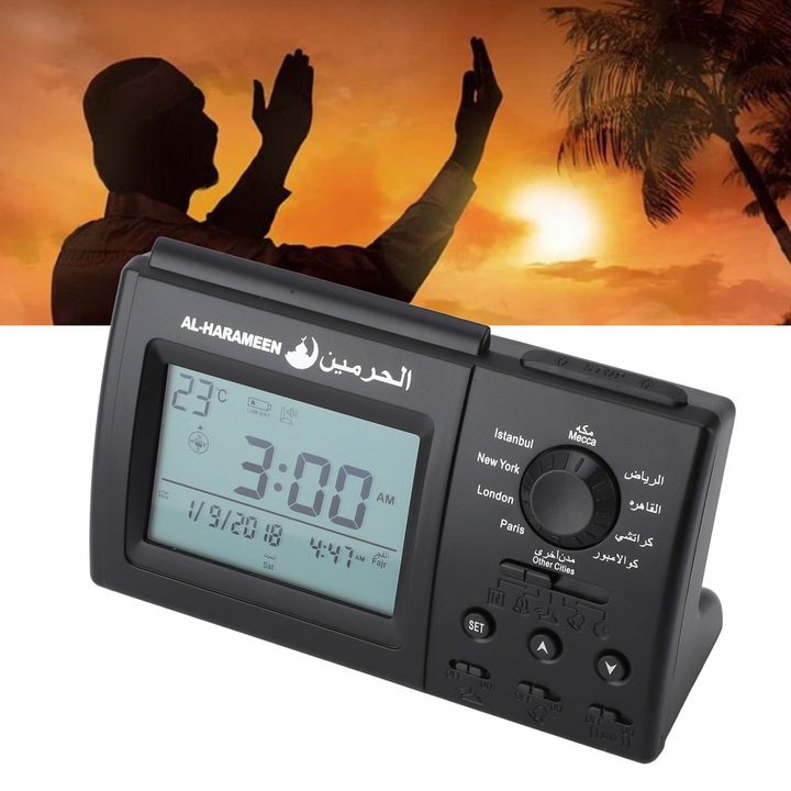 Jormftte asztali óra, Azan ébresztő, fekete kivitel, USB tápegység, méretek 150x85x60mm