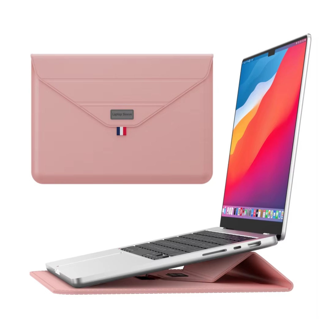 Husă Ultra-Subțire din Piele Ecologică cu Stand pentru Laptop Roz, 15x16 inch