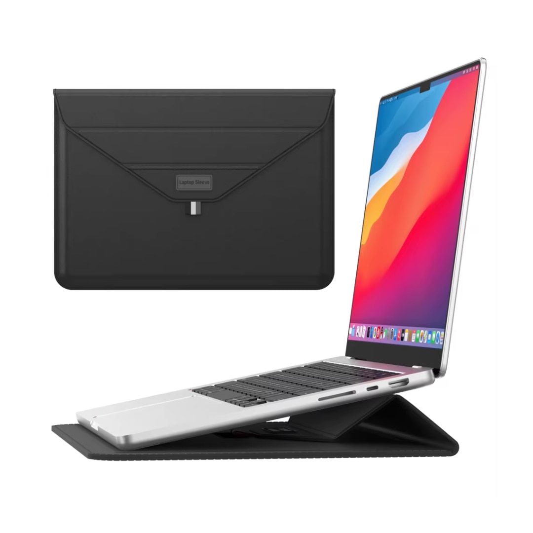 Husa Ultra-Subtire pentru Laptop 15/16 inch din Piele ecologica, cu Stand Laptop, Negru