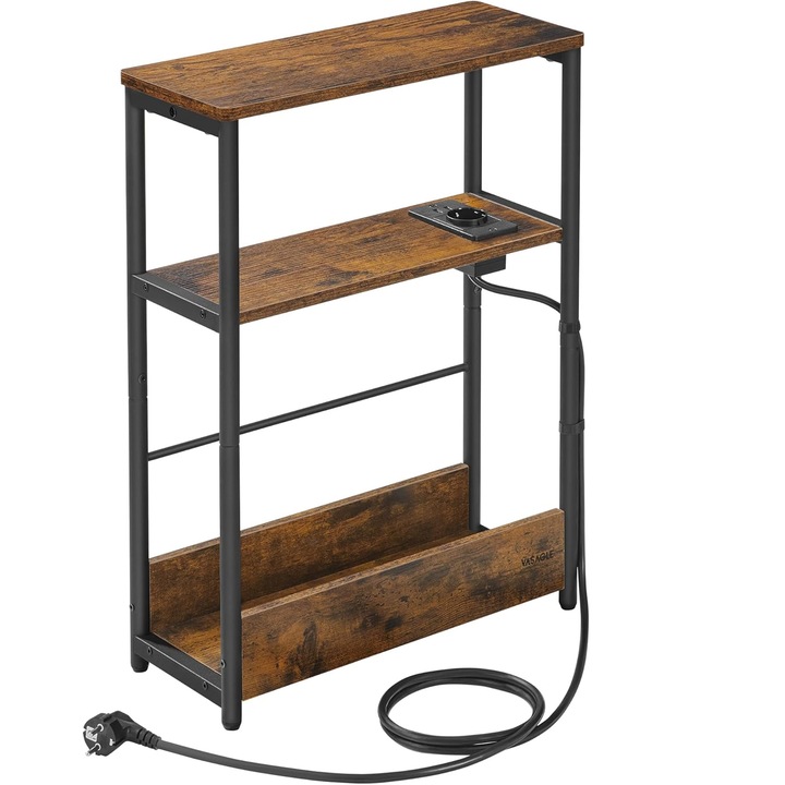 Странична маса, VASAGLE с контакт и USB портове, 3 рафта, винтидж кафяво, 45x18x58 см