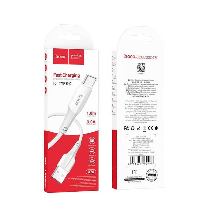 Cablu Date si Incarcare USB-A - USB-C HOCO X70, 60W, 1m, Alb