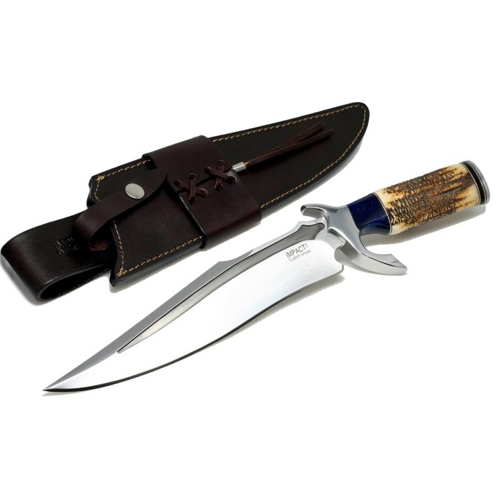 Cutit tactic de vanatoare BOWIE, lucrat manual, cu teaca din piele si coarne de cerb din otel D2