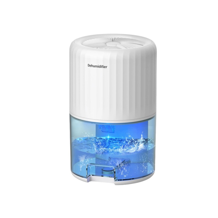 Dezumidificator, 40W, 100-240V, rezervor de apa de mare capacitate de 2L, capacitate de dezumidificare 350mL/D, oprire automata cand apa este plina, purifica aerul, functionare silentioasa, lumina cu atmosfera romantica, 17x17x27cm, alb