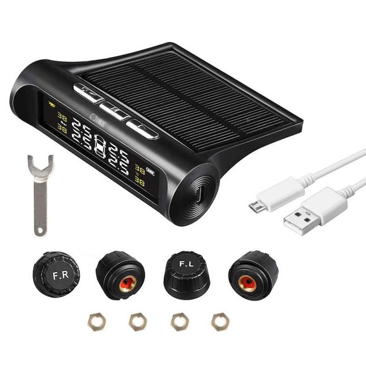 Kit Sistem Monitorizare Presiune Aer Roti Auto SIKS Cu Senzori Externi, Alarma Auditiva, Auto Inchidere, Incarcare Solara Si Micro USB, Afisaj LCD, Presiune Anvelope Si Temperatura In Timp Real, Pentru Masina, SUV, Autoturism, Negru