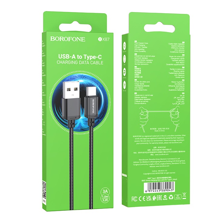 Cablu Date si Incarcare USB-A - USB-C Borofone BX87 Sharp, 60W, 1m, Negru