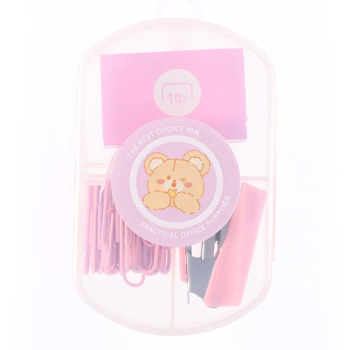 Комплект телбод/капсатор/кламери за бюро, преносим, розов