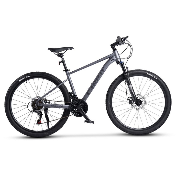 Bicicleta MTB-HT Carpat Pro Teen C26472A 26", Cadru Aluminiu, 21 Viteze, Echipare Shimano, Frane Disc Mecanice, Cabluri Integrate, Gri/Negru