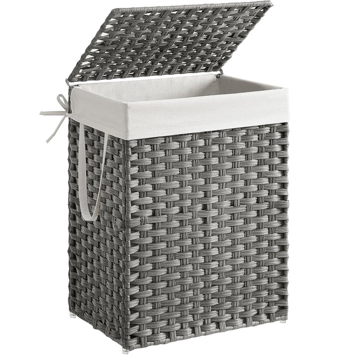 Кош за пране SONGMICS с капак, синтетичен ратан и подвижна чанта, 90 л, 46x33x60 см, сив