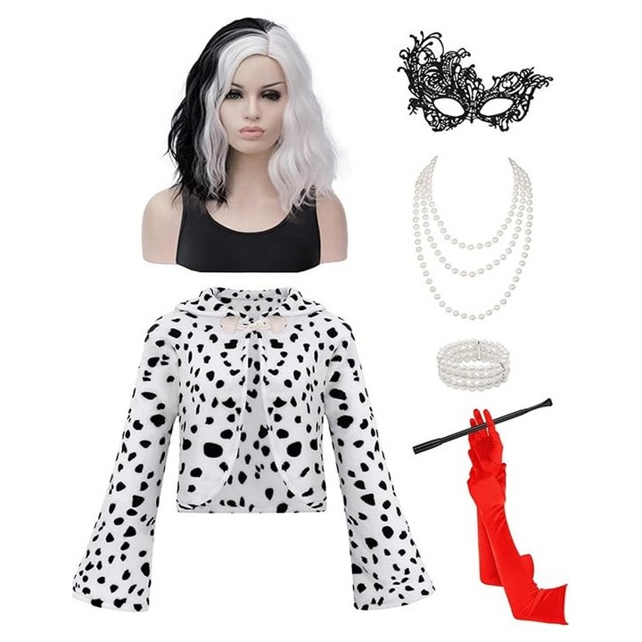 Costum Cruella pentru femei, set Deluxe, peruca Cruella Deville, jacheta, manusi, suport Cruella, colier de perle pentru petrecere tematica de Halloween, marimea M, Miulruma