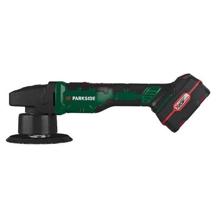 Masina de lustruit fara fir, Parkside, PPMS 20-LI A1, 150 mm, 20V, 6 setari de viteza, design ergonomic, suport de perete integrat, cutie de depozitare, indicator de incarcare, maner antiderapant, alimentata cu battery, include 1x burete de lustruit, 1x c